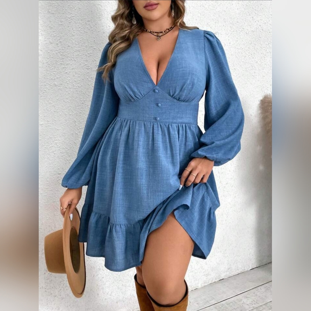 Linen Blue Lantern Sleeve Deep V Dress size 3XL